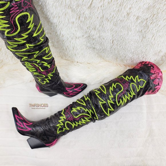 Thigh High Western cowboy slouch boots black neon - Picture 3 of 16